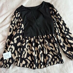 SHEIN Black & Cream Leopard Peplum Blouse